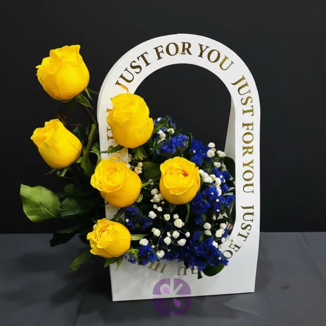 Sunshine Elegance Premium Yellow Rose & Blue Statice "Just For You" Gift Bag