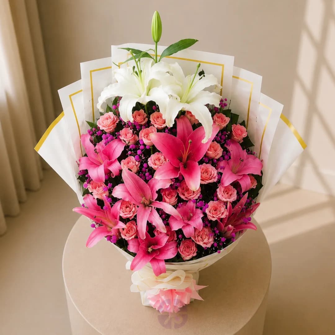 Elegant Pink & White Lily Stand Bouquet with Soft Pink Rose Accents