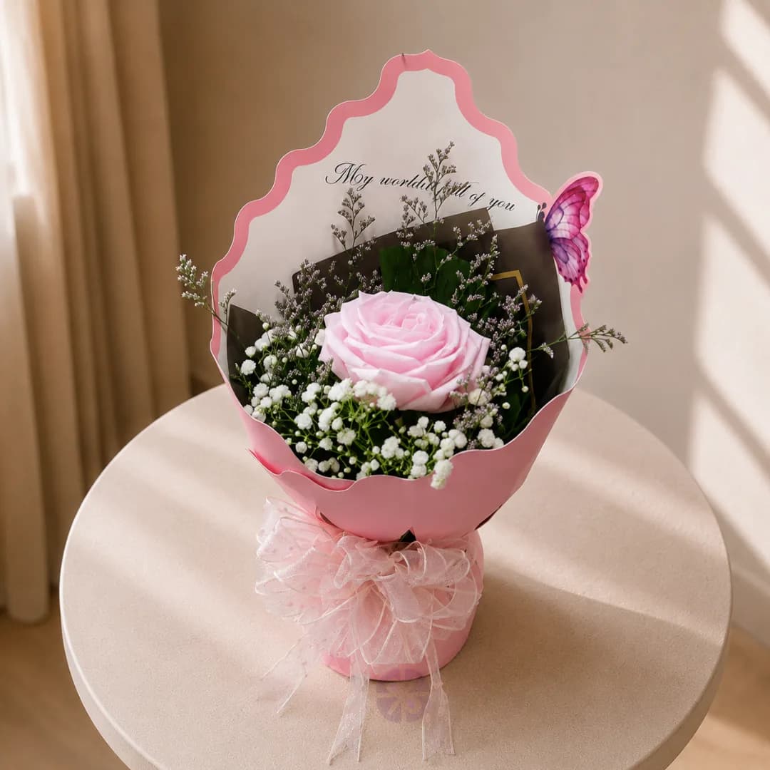 Premium Single Chinese Baby Pink Rose Bouquet with Crown Wrap