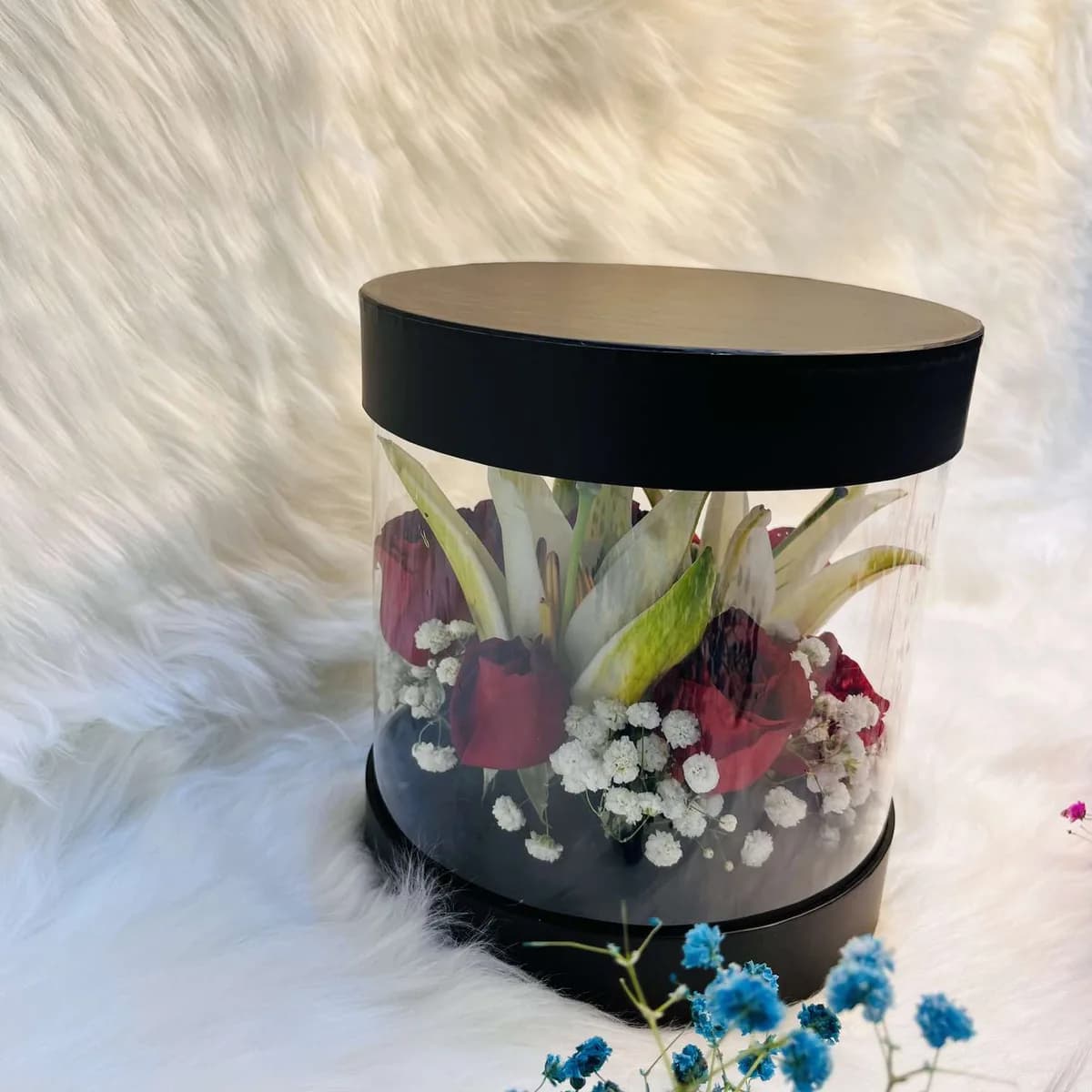 Red Rose & White Lily Arrangement in Transparent Black Round Gift Box