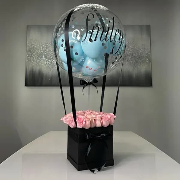 Custom Balloon Gift Box with Pink Roses & Blue Confetti Balloons
