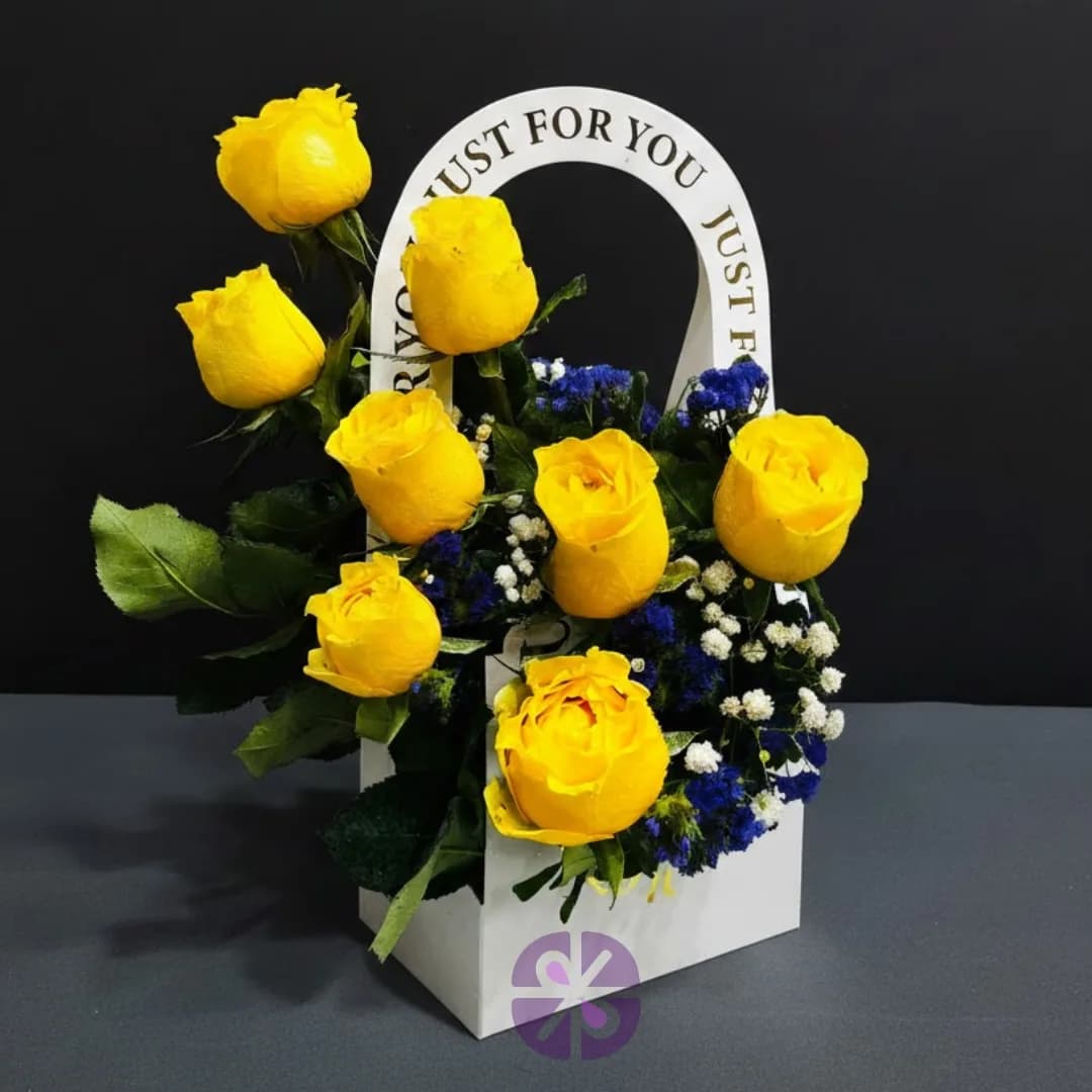 Sunshine Elegance Premium Yellow Rose & Blue Statice "Just For You" Gift Bag