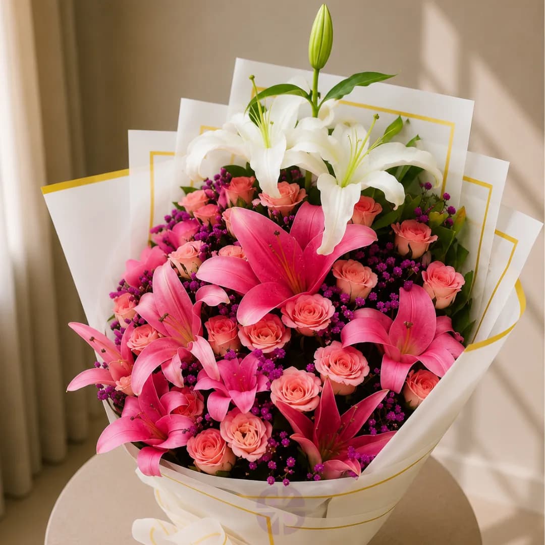 Elegant Pink & White Lily Stand Bouquet with Soft Pink Rose Accents