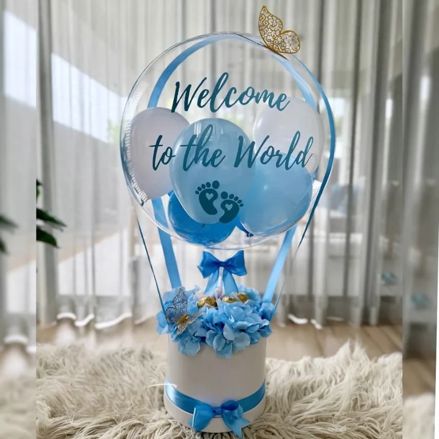 Welcome Baby Boy Balloon Hamper – Personalized Newborn Gift Box with Blue Theme & Chocolates